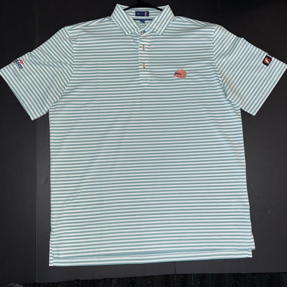 Men's Large Stitch Performance Golf Polo Shirt  Light Blue White Striped Logo
